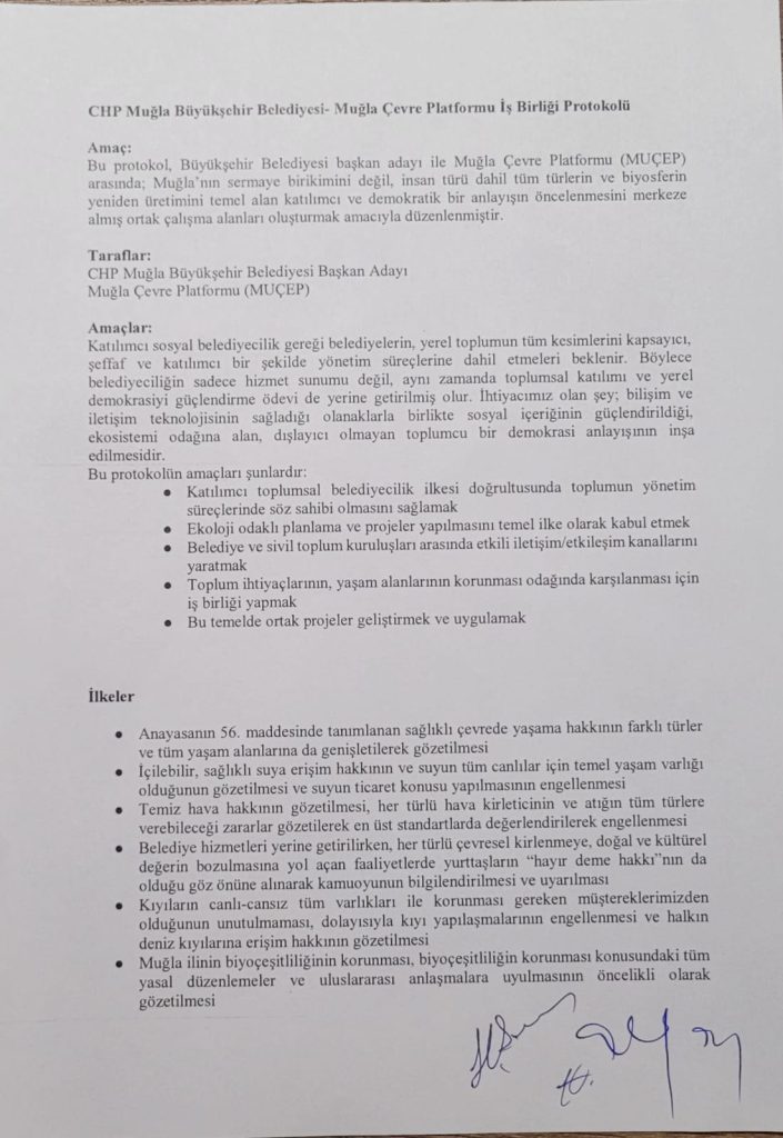Aras ile MUÇEP arasında İş Birliği Protokolü, CHP Muğla Büyükşehir Belediye Başkan Adayı Ahmet Aras, Muğla Çevre Platformu, İş Birliği Protokolü