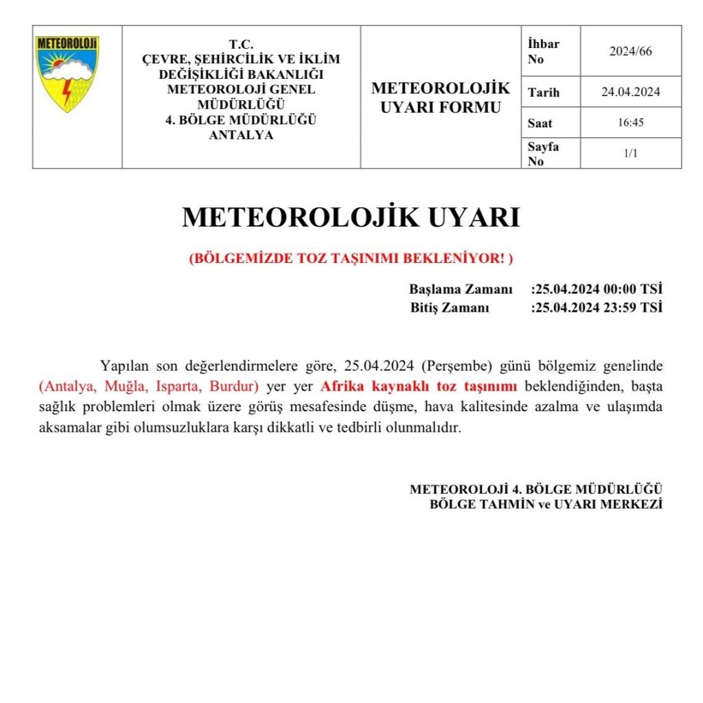 Muğla’da çöl tozu etkisinin yarın, Afrika kaynaklı çöl tozu