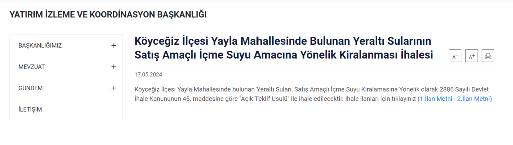Köyceğiz yeraltı su Köyceğiz ihale Yeraltı su ihalesi Köyceğiz Muğla Valiliği ihale