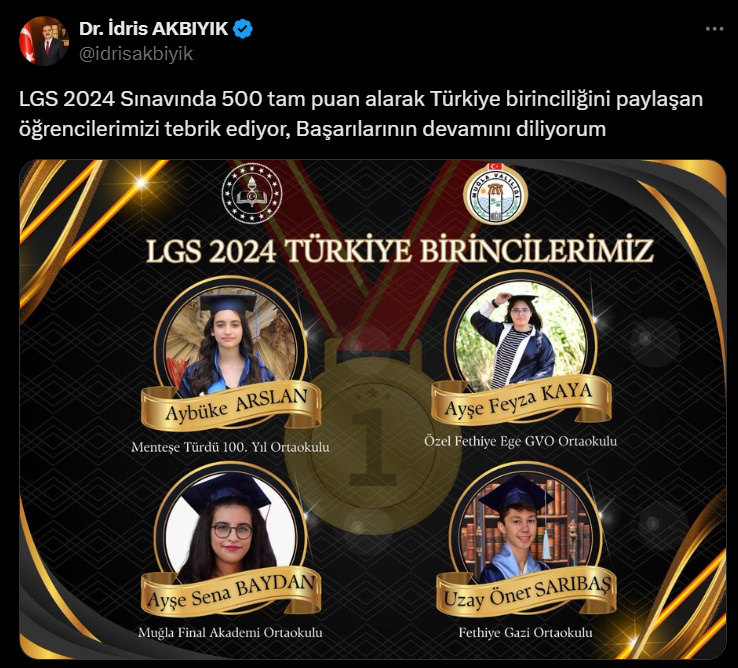 Muğla’da dört öğrenci, LGS sınavında birinci oldu,