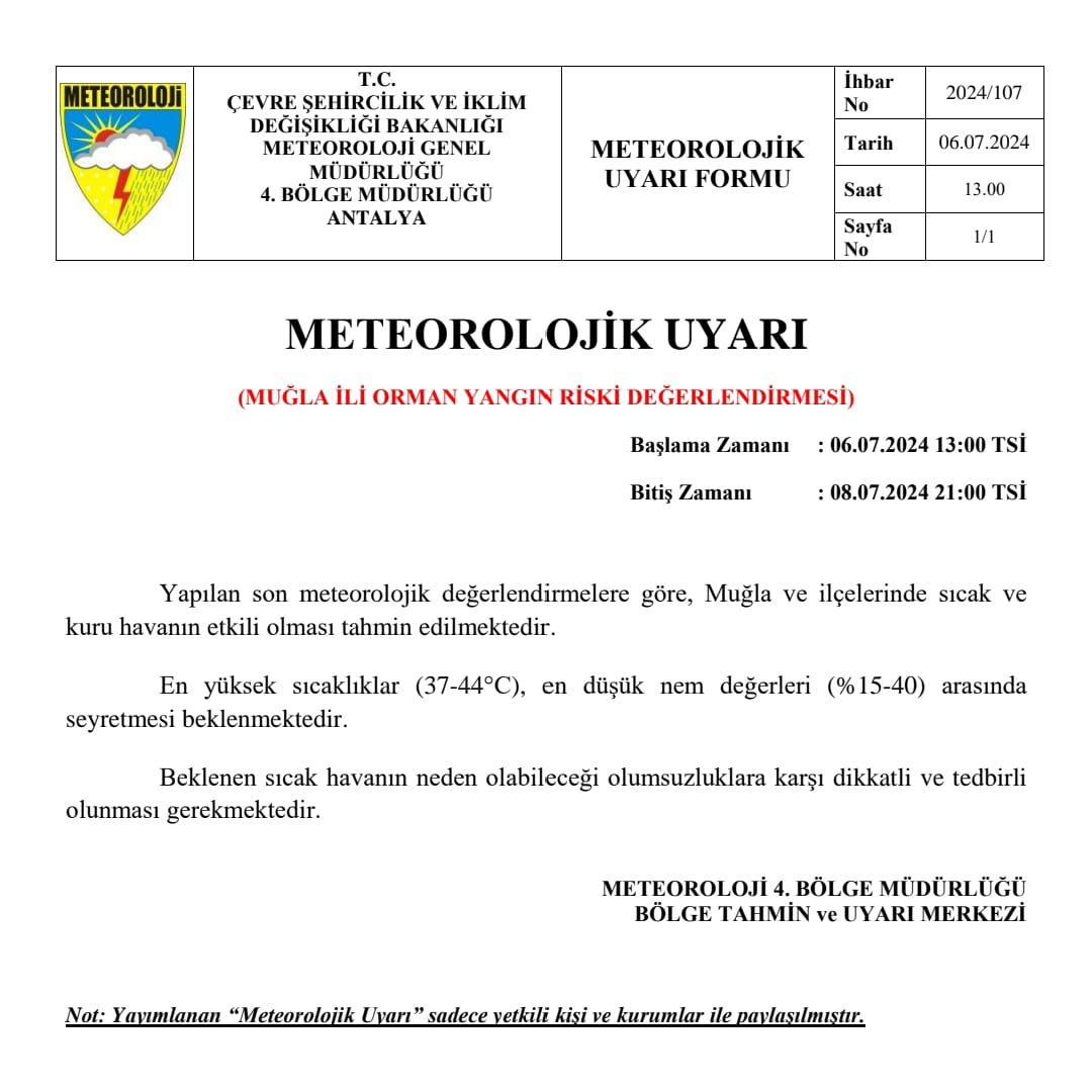 Muğla ve çevreleri için orman yangını uyarısı, yüksek sıcaklık ve kuru hava