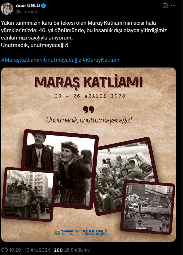 Marmaris Belediye Başkanı Acar Ünlü Maraş Katliamı anma mesajı Maraş katliamı muğla CHP Muğla Milletvekili Gizem Özcan Bodrum Belediye Başkanı Tamer Mandalinci 