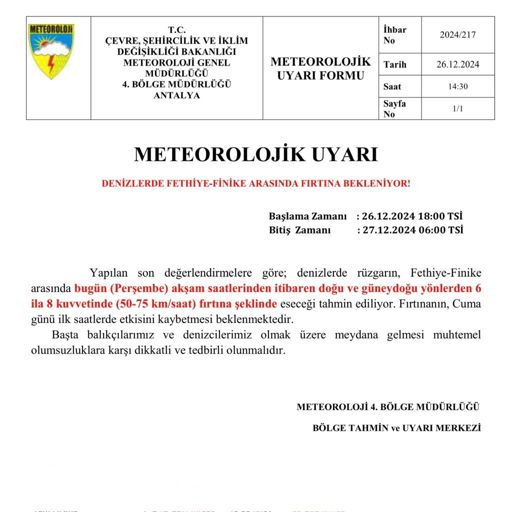 Fethiye finike arası fırtına Fethiye fırtına Fethiye finike denizde fırtına Meteoroloji 4. Bölge Müdürlüğü,