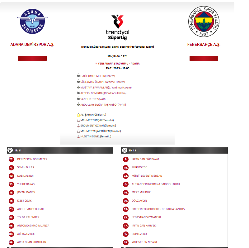 Adana Demirspor Fenerbahçe ilk 11, Adana Demirspor Fenerbahçe maçı, Fenerbahçe ilk 11, Fenerbahçe kadrosu, Adana Demirspor Fenerbahçe maç kadrosu
