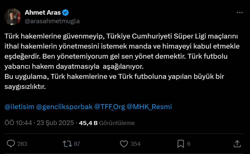 Ahmet Aras derbi vincic hakem açıklama slavko vincic Muğla Büyükşehir Belediye Başkanı Ahmet Aras yabancı hakem galatasaray fenerbahçe
