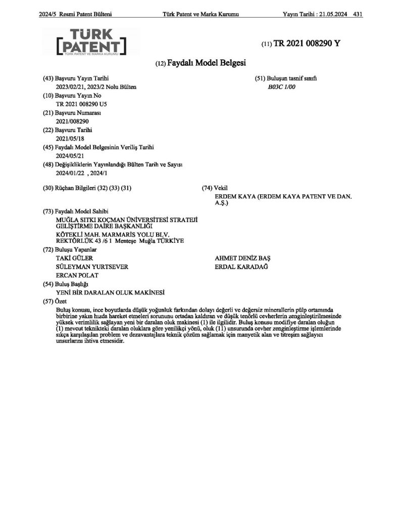mskü mühendislik, modifiye daralan oluk, mskü faydalı model tescili, mskü zenginleştirme cihazı, türk patent ve marka kurumu mskü