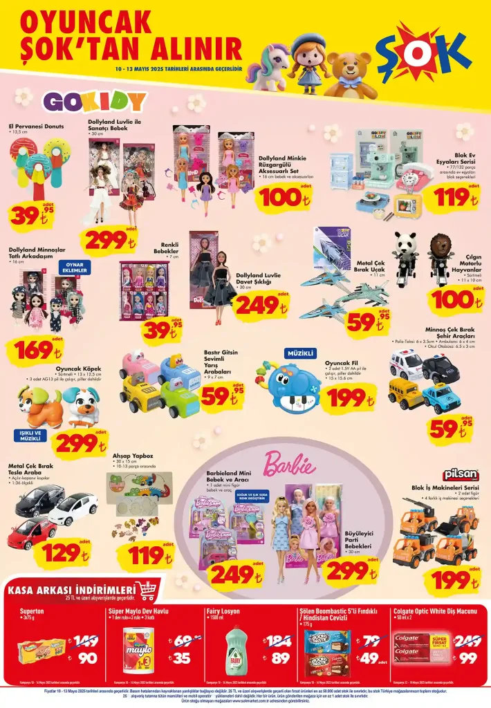 şok aktüel 10 mayıs 2025, şok oyuncak kataloğu, şok barbie bebek, şok ahşap yapboz oyuncak, şok oyuncak araba