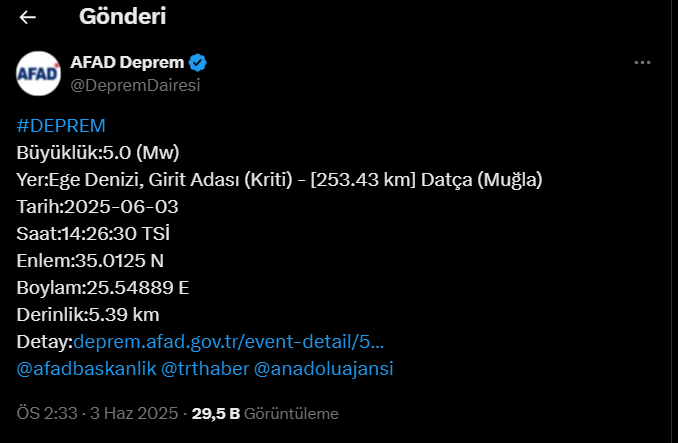 ege denizinde deprem datçada deprem afad deprem datça 5 büyüklüğünde deprem muğla deprem