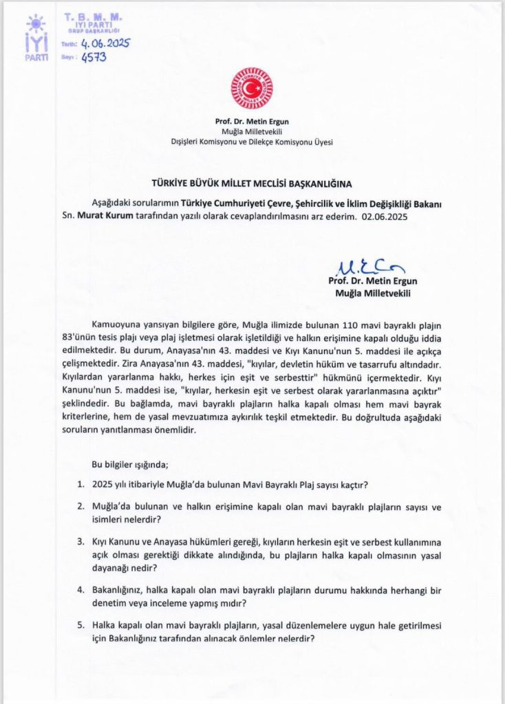 muğla mavi bayrak metin ergun soru önergesi