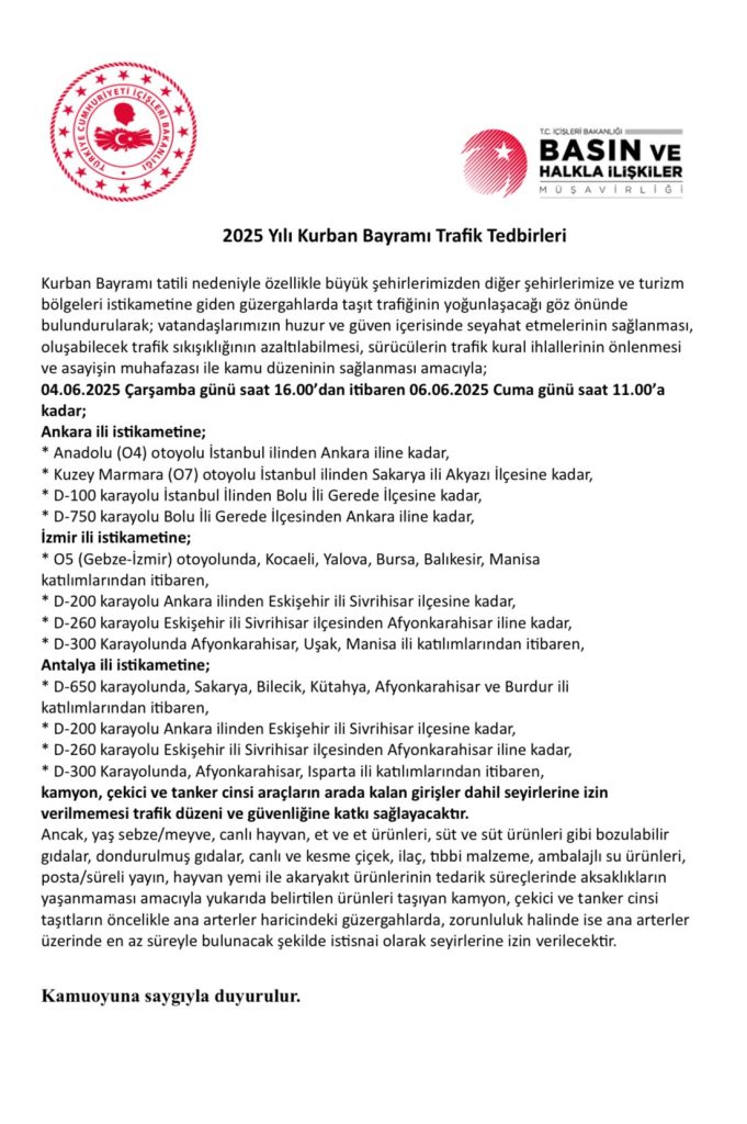 kurban bayramı ulaşım önlemleri, kurban bayramı trafikte hangi araçlar yasak, 2025 kurban bayramı trafik önlemleri, 2025 kurban bayramı trafik tedbirleri, 2025 kurban bayramı trafik yasakları