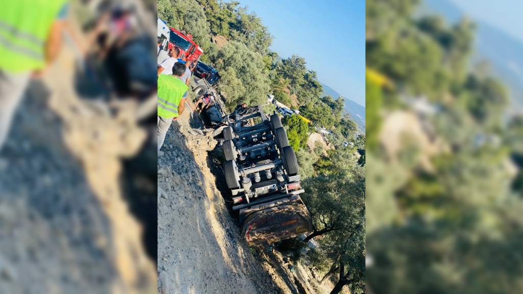 milas kaza, milas freni patlayan tır, milas şarampole devrilen tır, milas şarampole yuvarlanan tır, milas