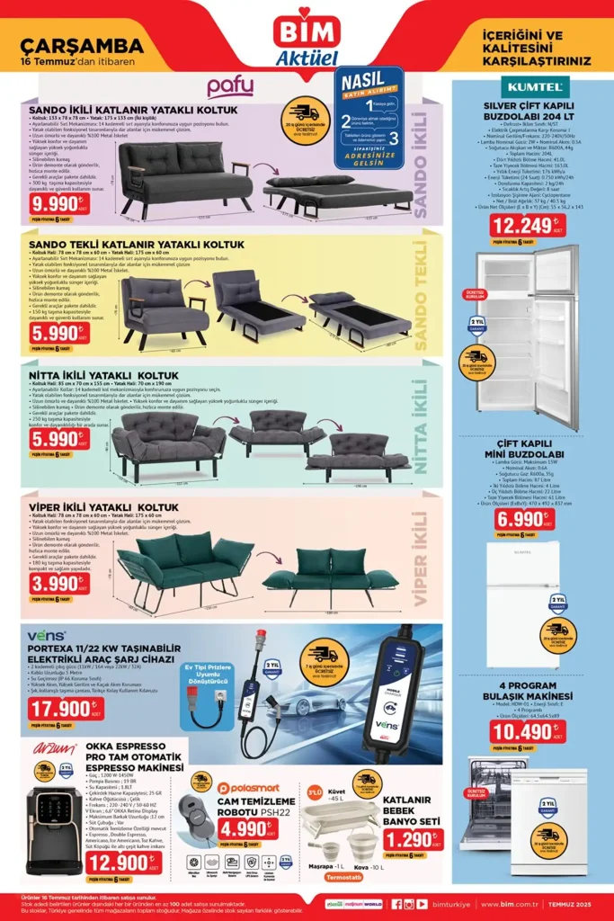 bim aktüel 16 temmuz 2025, bim sando yataklı koltuk, bim kumtel buzdolabı, bim elektrikli araç şarj cihazı, bim espresso makinesi