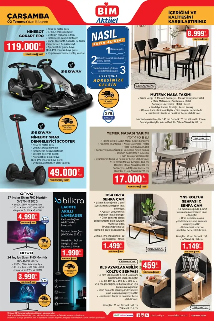 bim aktüel 2 temmuz 2025, ninebot gokart pro, onvo monitör, yemek masası takımı, bim indirimli ürünler