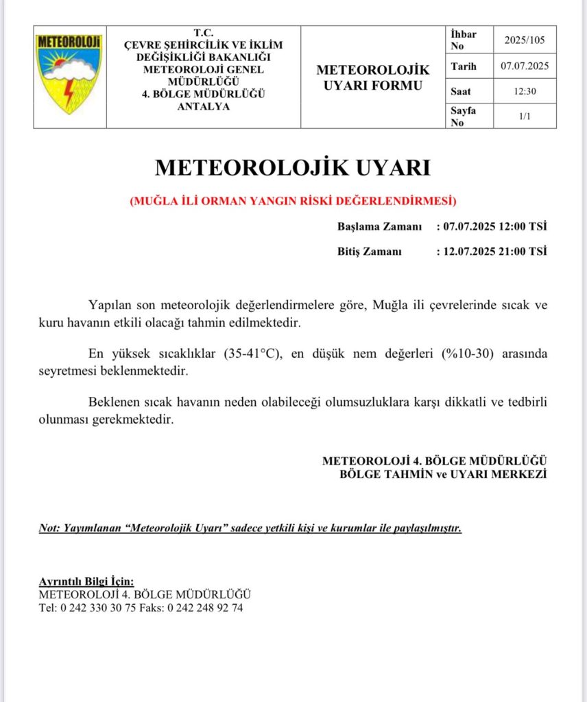 meteoroloji muğla, muğla, muğla orman yangını, muğla orman yangını riski, meteoroloji muğla orman yangını