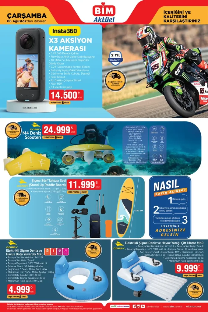 bim aktüel 6 ağustos 2025, bim buzdolabı kampanyası, bim insta360 X3 kamera, bim corby deniz scooteri, bim elektronik ürünler