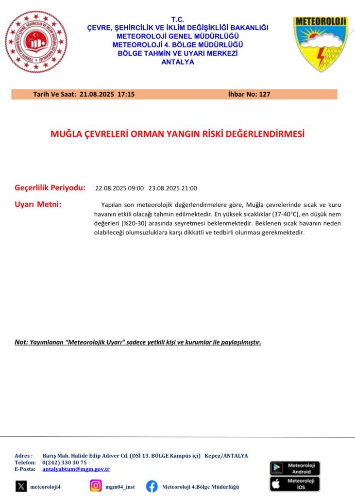 meteoroloji muğla, muğla orman yangını, muğla orman yangını uyarı, muğla, muğla hava