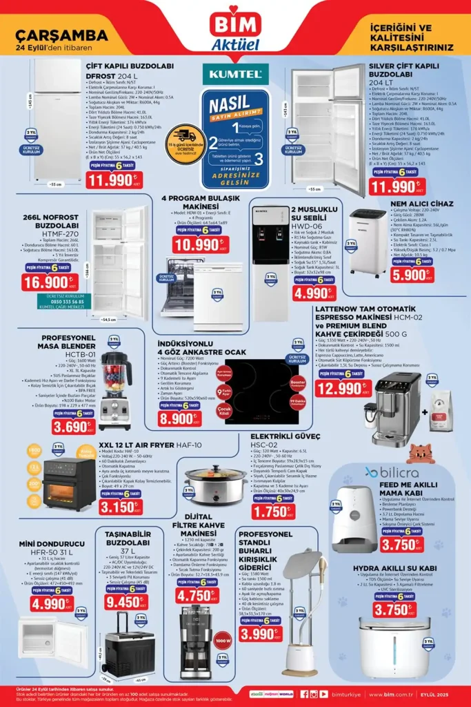 bim aktüel 24 eylül 2025, bim çift kapılı buzdolabı, bim bulaşık makinesi, bim air fryer, bim kahve makinesi