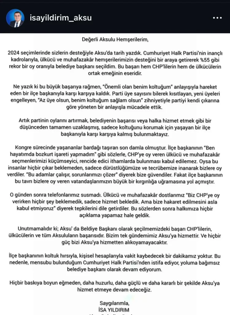 isa yıldırım istifa etti, aksu belediye başkanı, chp isa yıldırım, aksu belediye başkanı istifa, isa yıldırım istifa