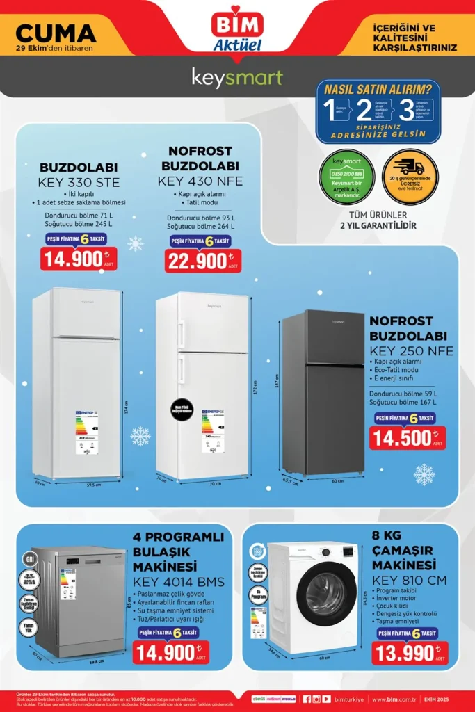 bim aktüel 29 Ekim 2025, bim keysmart buzdolabı, bim bulaşık makinesi, bim çamaşır makinesi, bim beyaz eşya indirimleri