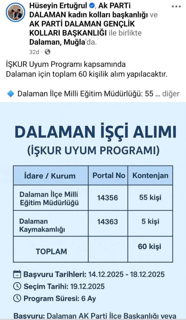 dalaman kamuya işçi alımı, dalaman kamuya işçi alımı ak parti, dalaman işkur, chp dalaman, ak parti dalaman