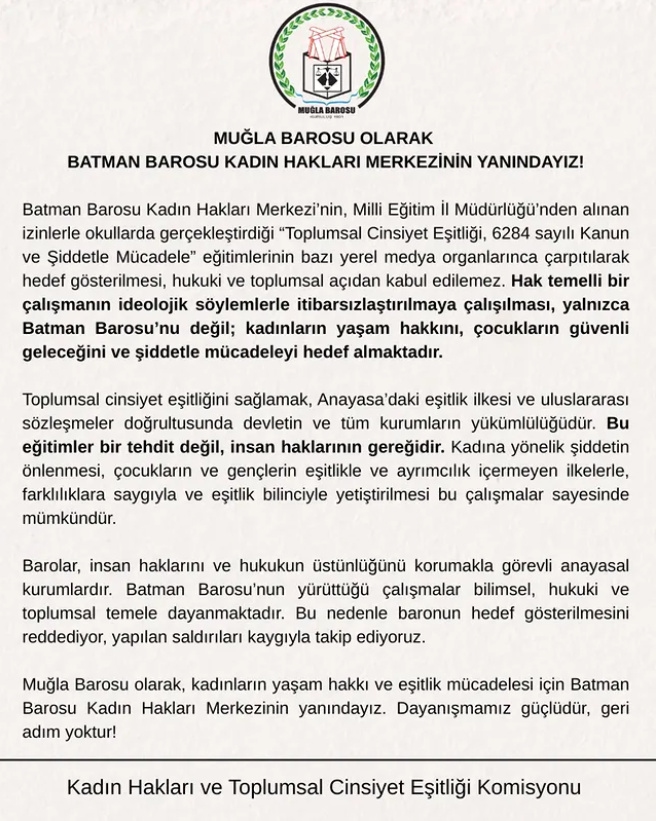 batman barosu kadın merkezi, batman barosu kadın merkezi eğitimleri, muğla barosu, muğla barosu kadın hakları ve toplumsal cinsiyet eşitliği komisyonu, muğla barosu destek