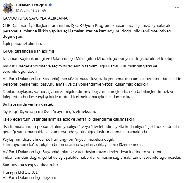 dalaman kamuya işçi alımı, dalaman kamuya işçi alımı ak parti, dalaman işkur, chp dalaman, ak parti dalaman