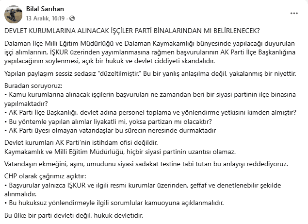 dalaman kamuya işçi alımı, dalaman kamuya işçi alımı ak parti, dalaman işkur, chp dalaman, ak parti dalaman