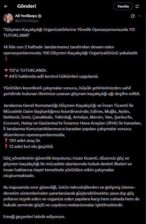 göçmen kaçakçılığı organizatörleri, göçmen kaçakçılığı operasyonu, göçmen kaçakçılığı, ali yerlikaya, içişleri bakanı
