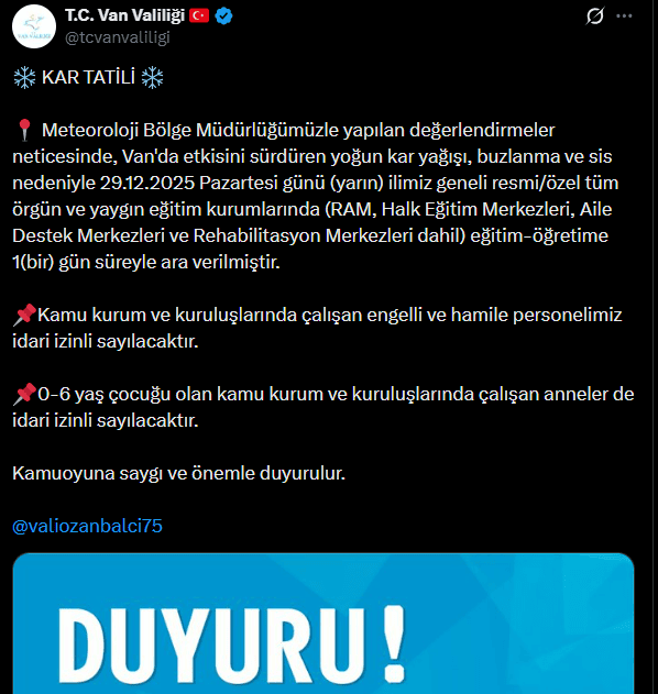 van'da okul tatil mi, van valiliği son dakika, van valiliği kar tatili, okullar tatil mi van, yarın okullar tatil mi