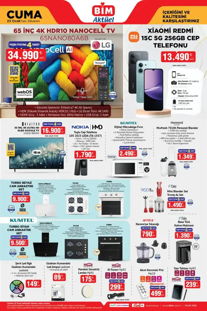 bim aktüel 23 ocak 2026, bim televizyon kampanyası, xiaomi redmi 15c bim, bim spor ürünleri, bim mutfak ürünleri