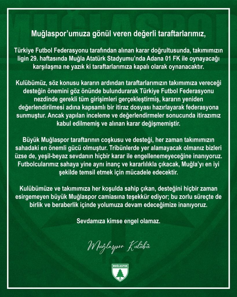 muğlaspor, muğlaspor adana 01 fk, adana 01 fk, muğlaspor seyircisiz oynama, muğlaspor ceza