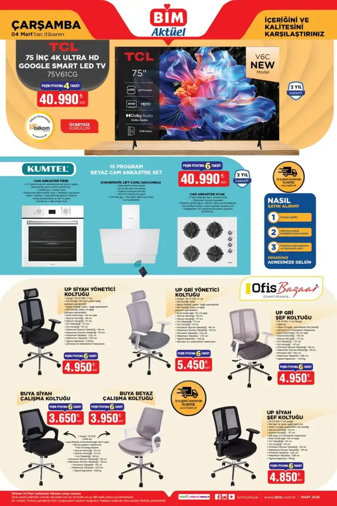 bim aktüel kataloğu 4 mart 2026, bim aktüel tcl televizyon, bim kumtel ankastre set, bim ofis koltuğu, bim aktüel ürünler