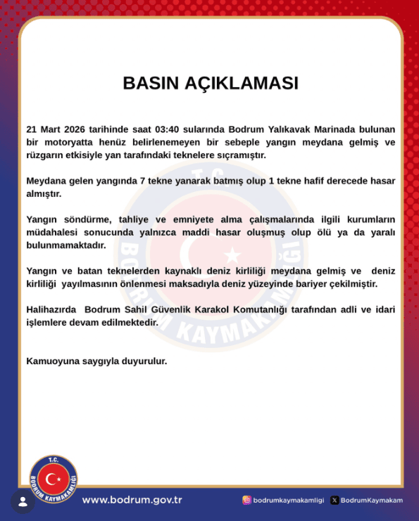 yalıkavak marina yangın bodrum kaymakamlığı açıklama marinada yangın bodrum yalıkavak basın açıklaması
