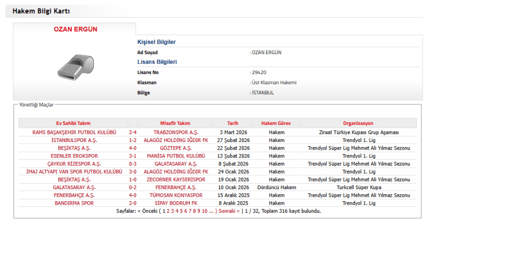 ozan ergün derbi, ozan ergün hakem, ozan ergün beşiktaş karnesi, ozan ergün galatasaray karnesi, ozan ergün yönettiği maçlar